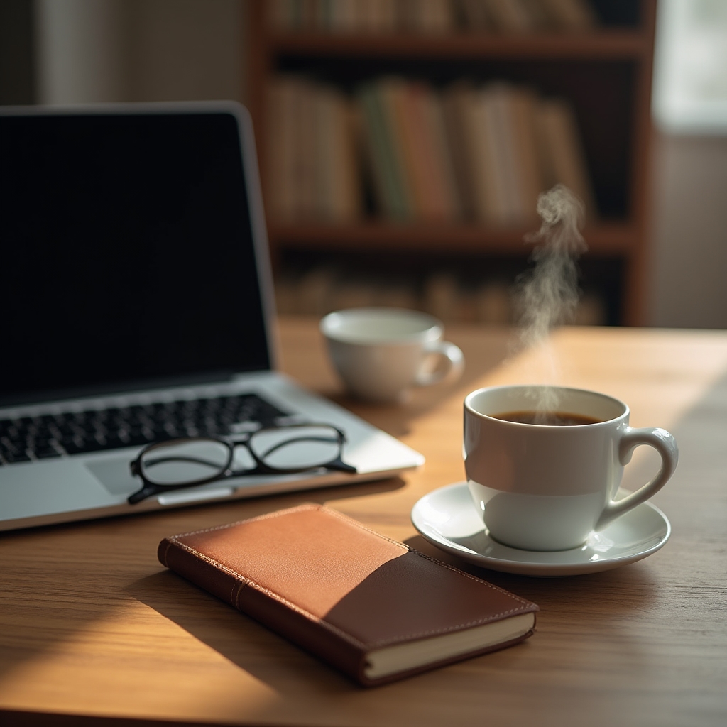 Schreibtisch mit Laptop und Notizblock zur Vorbereitung einer Trainingseinheit